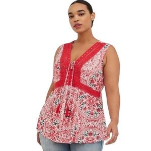 Torrid Plus Size 2X Top Babydoll Gauzy Crochet Lace Up Sleeveless Floral 709